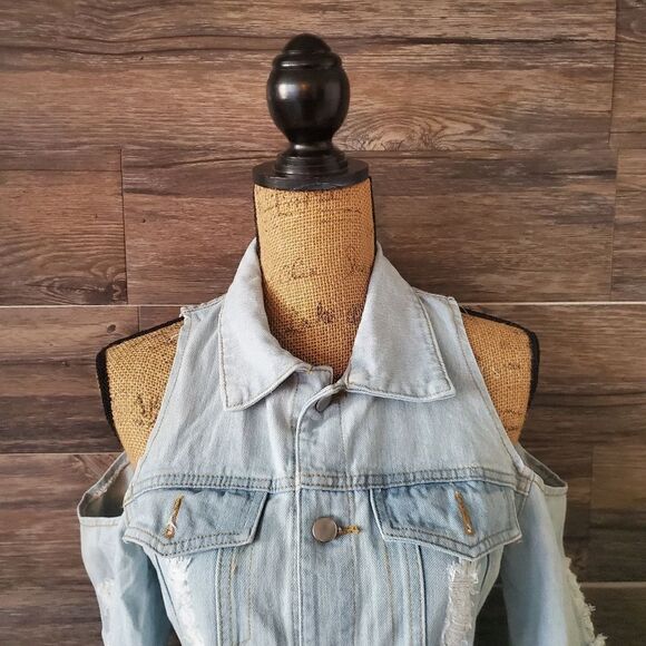 Point 5 Cold Shoulder Denim Jacket Light Wash Small - Picture 5 of 10